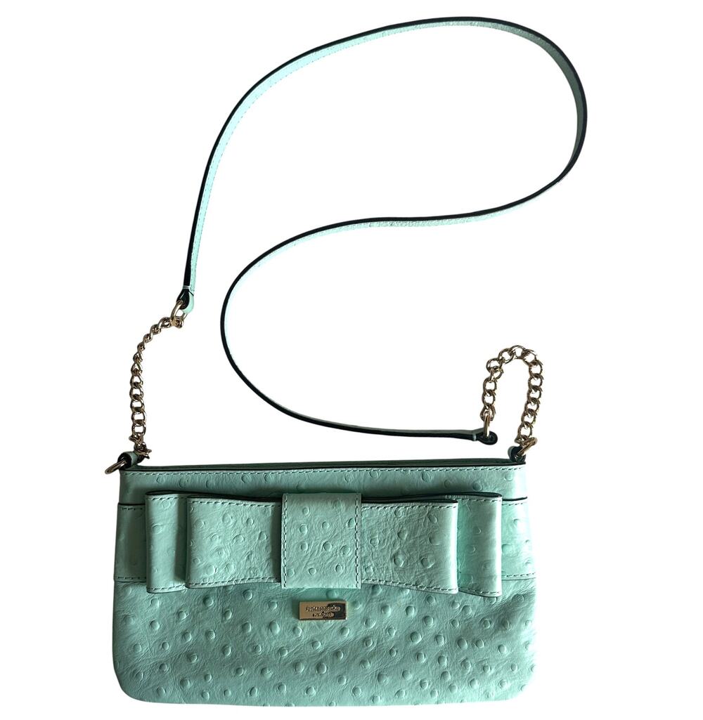 Kate Spade Ostrich Embossed Leather Bow Bag Crossbody Bag Turquoise Chain Purse
